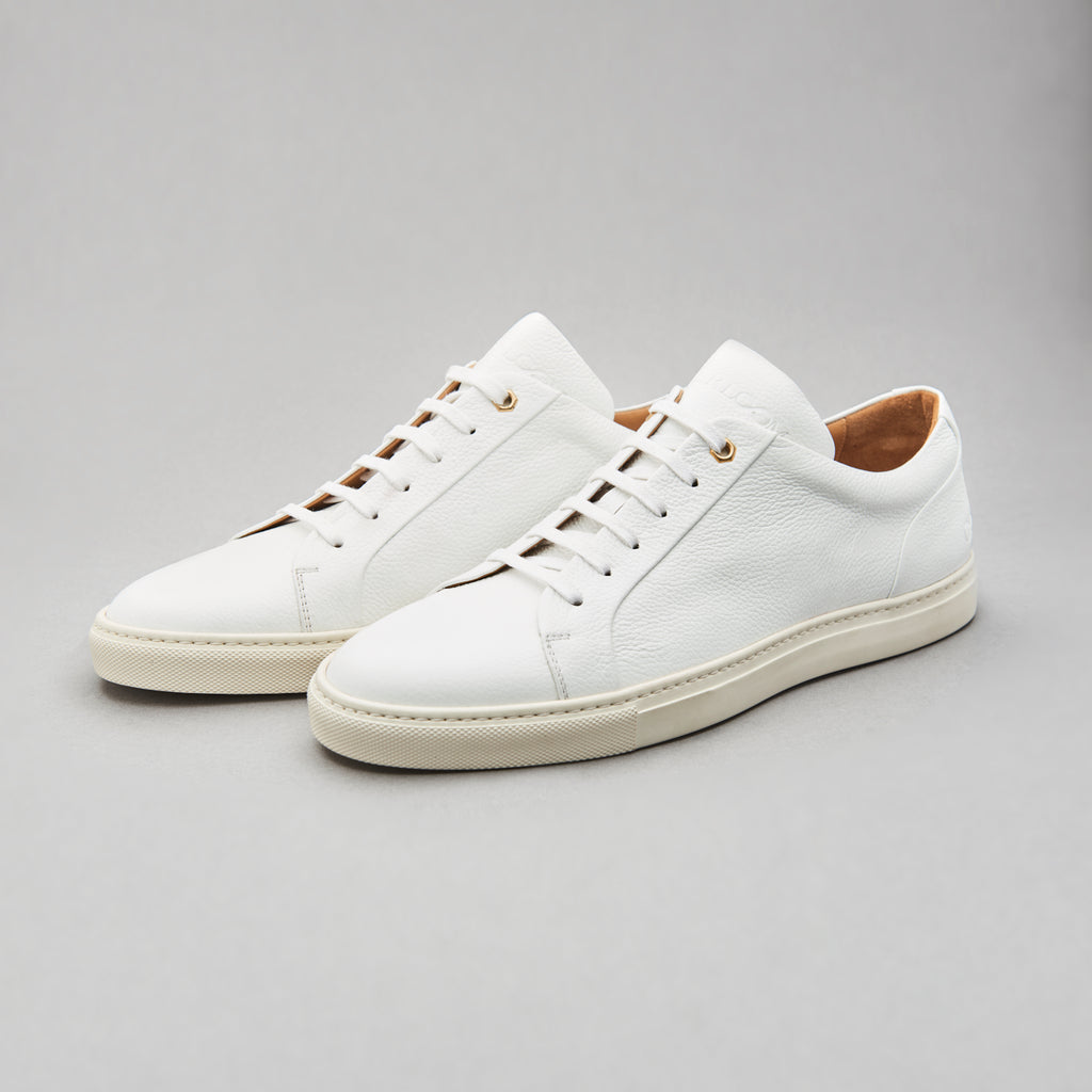 Low Top Court Sneaker in White Tumbled Grain Leather