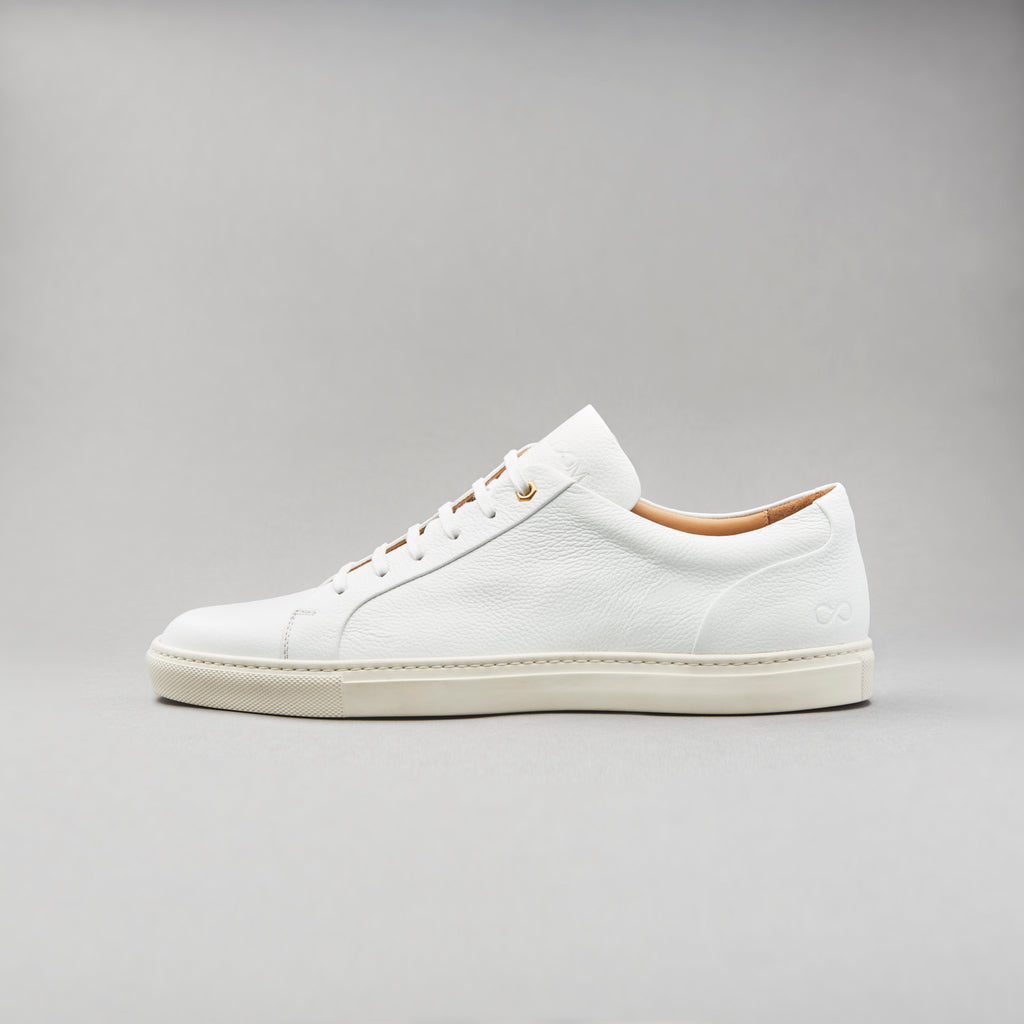 Low Top Court Sneaker in White Tumbled Grain Leather